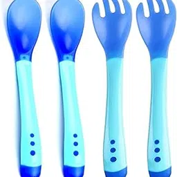 Mopslik Soft Silicone Tip Baby Feeding Heat Sensitive Colour Changing Temperature Sensing Spoon and Fork Set - Pack of 4, Blue-picture-13