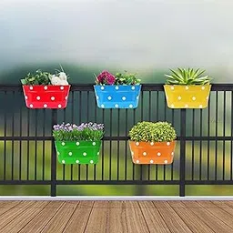 EXALT® Railing Planters Dotted Oval Rectangular Shape Hanging Flower Pots for Grills Home Gardening Outdoor Metal Plant Pots (Multicolour, Pack of 5)-picture-19