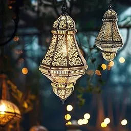 Moroccan Style Hanging Lantern Lamp | Antique Brass Finish Metal Pendant Light | Handcrafted Decorative Ceiling Lamp for Home, Balcony & Festive Décor-picture-58