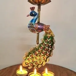 V.S. Enterprises Decorative Peacock Tea Light Candle Holder, Metal Stand with 3 Candle Slots, Green and Blue for Home Decoration, Diwali Festival Decoration-image-7