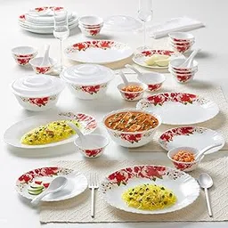 Larah by Borosil Rose Red Silk Series Opalware Dinner Set | 47 Pieces for Family of 8 | Microwave & Dishwasher Safe | Bone-Ash Free | Crockery Set for Dining & Gifting | Plates & Bowls | White-picture-27