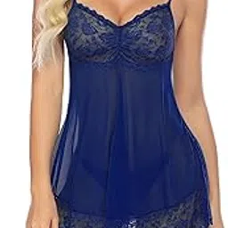 xs and os Women's Lace & Net Solid Above Knee Babydoll Lingerie with Panty-picture-28