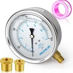 MEANLIN MEASURE 0~100Psi Stainless Steel 1/4" NPT 4" FACE DIAL Liquid Filled Pressure Gauge WOG Water Oil Gas Center Lower Mount-picture-54