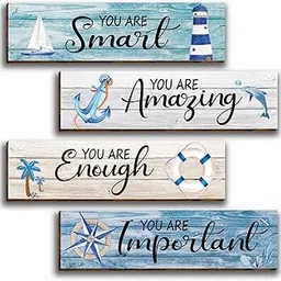 Farmhouse Rustic Wall Art - 4 Pcs Vintage Wooden Signs - Coastal & Beach Style - Bathroom Wall Plaque-picture-16