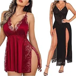 knisty Sexy Embroidered Lingerie Set for Women - Net Baby Doll Dress & Honeymoon Bikini with Panty (2 Pieces) Multicolour-picture-20