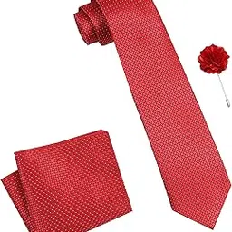 rizoro Tie for Men – Dotted Silk Neck Ties Set with Cufflinks Flower Pin, Pocket Square & Black Gift Box, Combo Necktie Sets for Office Wear, Formal Suits & Weddings (Red, A9RDRS) image 1