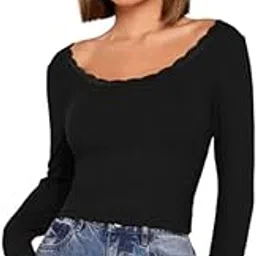 glare & blair Scoop Neck Lace Trim Full Sleeve Casual Stylish Ribbed Tops for Women-picture-54