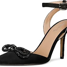 Womans Silver Stone Studded Bow Black Leather Stilettos-image-3