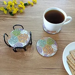 Picrazee Wooden Coaster Set of 6 with Wrought Iron Coaster Stand; Designer Coaster Set for Tea Cups, Coffee Mugs and Glasses (Spring Leaf)-picture-16