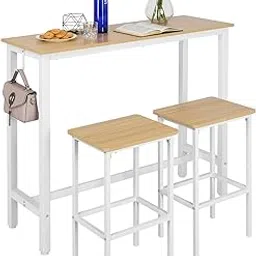 Priti 47" Industrial Bar Table Set with 2 Stools - Counter Height Dining & Pub Table for Small Spaces, Kitchen, Apartment, Breakfast Nook - Metal & Wood, Space-Saving Furniture - Oak Beige and White-image-9