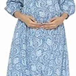 ikk kudi by seerat Women's Cotton Floral Print Maternity Midi Dress/Breastfeeding Dress/Western Dress with Zippers for Nursing Pre and Post Pregnancy | Color- Blue-picture-11