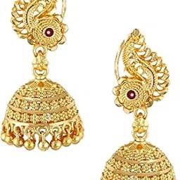 Gold Traditional Temple Jewellery 18k One Gram Gold Ethnic Brass Stylish South Indian Ghungroo Screw Back Studs Meenakari Peacock Ruby Jhumki Earrings Set for Women -JHUMKI-M143-image-20