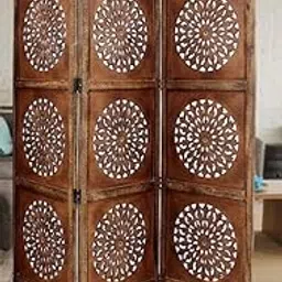 Wooden Room Divider Partition Folding Privacy Screen Decorative Panel for Living Room, Bedroom, Hall, Makeup Studio & Pooja - Sunrise Design ~ Brown (3 Panel)-image-89