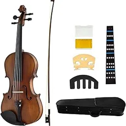 JUAREZ Collé Violin Kit, SOLID Pine Top, Maple Back & Side, Ebony Fingerboard & Pegs, JRV500DB with Ebony Wood Bow, Rosin, Full Tone Sticker, Mute, Bridge, Oblong Case, Full Size 4/4, Matt Dark Brown-image-4
