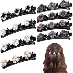 Belicia 4Pcs Sparkling Crystal Stone Braided Hair, Rhinestone Barrettes Sectioning Clips with 3 Small Clips, Flowers Pearl Hairpin Accessories for Women Girls-image-8