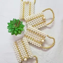 Mini Pearl Wedding Gift Purses - Set of 4 | Elegant Return Gift Bags for Gold & Silver Coins, Money, Roli, Chawal or Kesar (Golden Lines)-picture-49