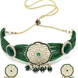 sukkhi Wondrous Gold Plated Green Kundan & Beads Choker Necklace Set With Earring | Jewellery Set For Women (NS105517)-picture-55