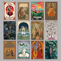 Dream World Decor Indian Traditional Art Wall Posters Set of 12 | Premium A4 Size Thick 350 GSM Glossy Art Prints with Double-Sided Tape | Spiritual, Cultural & Artistic Wall Art for Bedroom, Living Room, Cafe, Office & Home Decoration (8x12 inches)-picture-24