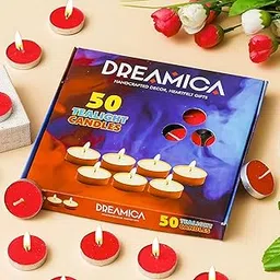 Dreamica Red Tealight Candles Pack of 50 – Smokeless Long Burning Wax Tea Light for Home Décor, Diwali, Puja, Parties & Weddings – Unscented Round Tealight Candle Set (R50)-picture-22