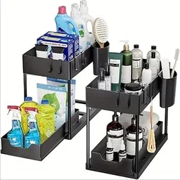 ZEUS 2-Tier Under Sink Organizer – Sliding Shelf Basket Storage Rack for Bathroom & Kitchen | Plastic Cabinet Shelf for Toiletries, Cleaning Supplies, Pantry – Black-image-3