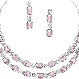 atasi international Double Layer Silver Plated Diamond Necklace with Earrings for Women – Jewellery Set for Party, Wedding, and Engagement-picture-40