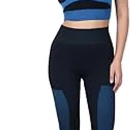 kilvis Women's 2-Piece Workout Set, Black and Blue Sports Bra with High-Waisted Leggings, Athletic Yoga Fitness Training Gym Wear-picture-46