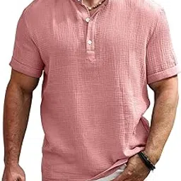 zombom Men's Casual Mandarin Collar Kurta | Half Sleeve Textured Poly Cotton Henley Kurta | Lightweight Breathable Summer Beachwear for Daily Office Travel Party-picture-57