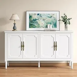 ND INTERNATIONAL Classic White Sideboard Cabinet with 4 Doors Decorative Panel Design and Antique Brass Hardware Solid Wood Living Room, Dining Room, or Entryway – Vintage Storage Furniture-picture-10