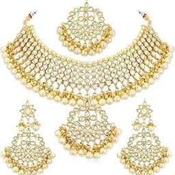 Trendy Kundan Gold Plated Pearl Choker Necklace Set with Dangler Earrings & Maangtikka for Women & Girls (N73544)-image-37