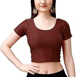 pujia mills Women's Readymade Dobby Cotton Lycra Stretchable Round Neck Short Sleeve Blouse Fancy Lycra Stretchable Blouse for Women Readymade Saree Blouse-picture-39