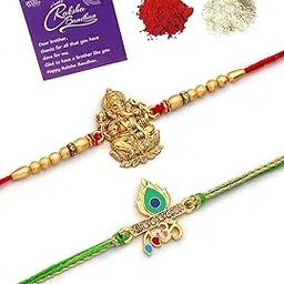 Gold Plated Om & Peacock Feather Religious Lord Ganesha Designer Meenakari Work Combo Rakhi for Brother with Roli Chawal & Greeting Card|Set of 2|CBRAK107435-image-41