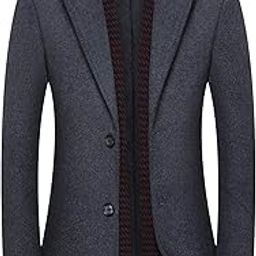 chroes Men's Winter Notched Collar Slim Single Breasted Wool Blend Pea Coat Detachable Scarf |Grey |M-picture-5