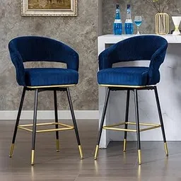 JANZO Furnitures Metal Velvet Counter Stools Upholstered Round Height - Modern Bar Chairs, Ideal Swivel Upholstered Bar Stool with Metal Frame (Set of 2) Dining Chairs for Home(Color - Blue)-image-22