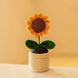 MLU Handmade Crochet Sunflower Plant with Pot, Yellow Flower with Green Leaves, Decorative Home Decor, Car Dash Decoration Pack-1-image-2