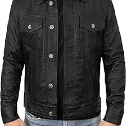 fine hide Classic Black Leather Trucker Jacket, Button Front, Multiple Pockets, Denim Style-picture-26