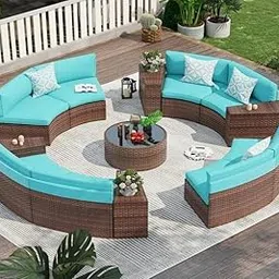 VIRASAT 8 Seater Half-Moon Sofa Outdoor Patio Furniture Set Rattan Wicker Sectional Sofa Set with Half-Round Table and Tempered Glass Tabletop with Pillows for Garden,Pool,Backyard (Sky Blue Cushion)-picture-29