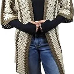 hooks n knots Crochet Cardigan with 3/4 Sleeves, Brown and Cream Colour, Open Front Design, Knit Pattern-picture-14