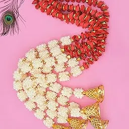Sanvatsar Mogra Flower Ganeshji and Bells Wall Hanging Strings, Artificial Flower Latkan for Temple, Festival-Diwali/Ganpati Pooja Door (Red)-image-23