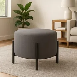 Jaico Modern Round Ottoman Footstool | Grey Upholstered Pouf with Black Metal Legs, Minimalist Accent Stool for Living Room or Bedroom-picture-47