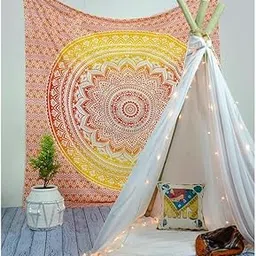 ESTROX Indian Handmade Mandala Wall Art Bohemian Art Wall Hanging Bedspread Bedcover Beach Throw Blanket Room Dorm Bedsheet Outdoor Picnic Yoga Mat Tapestry (213L x 137W cm, Lemon Ombre)-picture-26