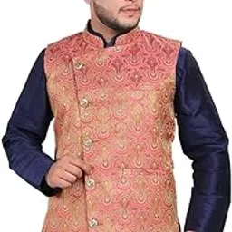 sadree Men's Nehru Jacket, Traditional Brocade Waistcoat, Party Wedding Ceremonial Wear (IN, Alpha, M, Regular, Pink Jacqured)-picture-10