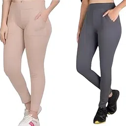 Women's High-Waisted Cotton Blend Leggings, Skin and Steel Grey Color, Slim Fit, Side Pockets, Ankle Length, 75 cm Waist, for Yoga and Casual Wear-picture-25