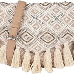 primrose Bohemian Crossbody Handbag with Crystal Embellishments, Woven Pattern, Cream Tassels, Tan Polyurethane Strap-picture-15
