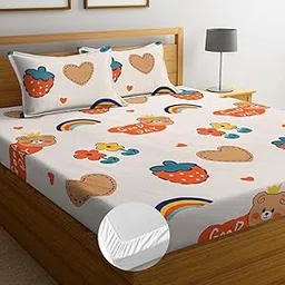 Premium Cotton Elastic Fitted Bedsheets with 2 King Size Pillow Covers | Double Bed with All Around Elastic 180 TC Supersoft/Breathable| Size-78X72+10 inches| Beige Cartoon Print-picture-24
