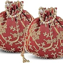 Kuber Industries Pack of 2 Potli Bags for Ladies & Girls | Women Shagun Pouches for Festive Seasons | Embroidery Batwa Bag Bridal Purse -Maroon-picture-42