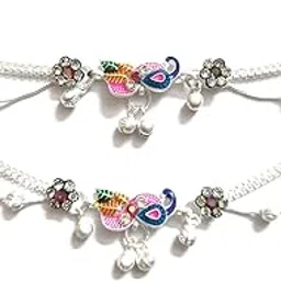 mrace gifting MRACE Elegant Peacock Anklet with Colorful Enamel Flowers, Silver Chain, Crystal Rhinestones, Traditional Indian Style, 1-Pair Set-picture-11