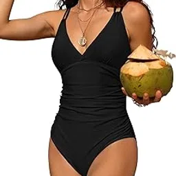 charmo One Piece Swimsuits for Women Tummy Control Ruched Bathing Suit Sexy V Neck Criss Cross Strappy Monokini, #1 Black, Small-picture-23