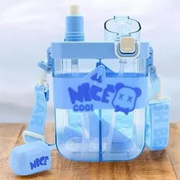 Cute 2 in 1 Bear Printed Water Bottle (700ml) Straw & Spray, Sling Strap | Leakproof Portable Sipper Bottle for Kids & Adults (Blue)-picture-27