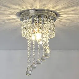 WOKE 8inch Round Small Crystal Chandelier, Modern S-Shaped Raindrop Flush Mount Light Fixture, E-27 Chrome Beaded Decoration Chandelier for Bedroom, Hallway, Living Room, Kitchen, Dining Room-picture-19