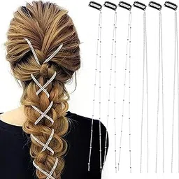 RECTYO GALLERY 6PCS Premium Rhinestone Hair Chains Clip, Bling Crystal Hair Extension Glitter Silver Tassel Hair Charms Hair Jewelry Accessories for Braids Women Girls Festival Rave-image-63